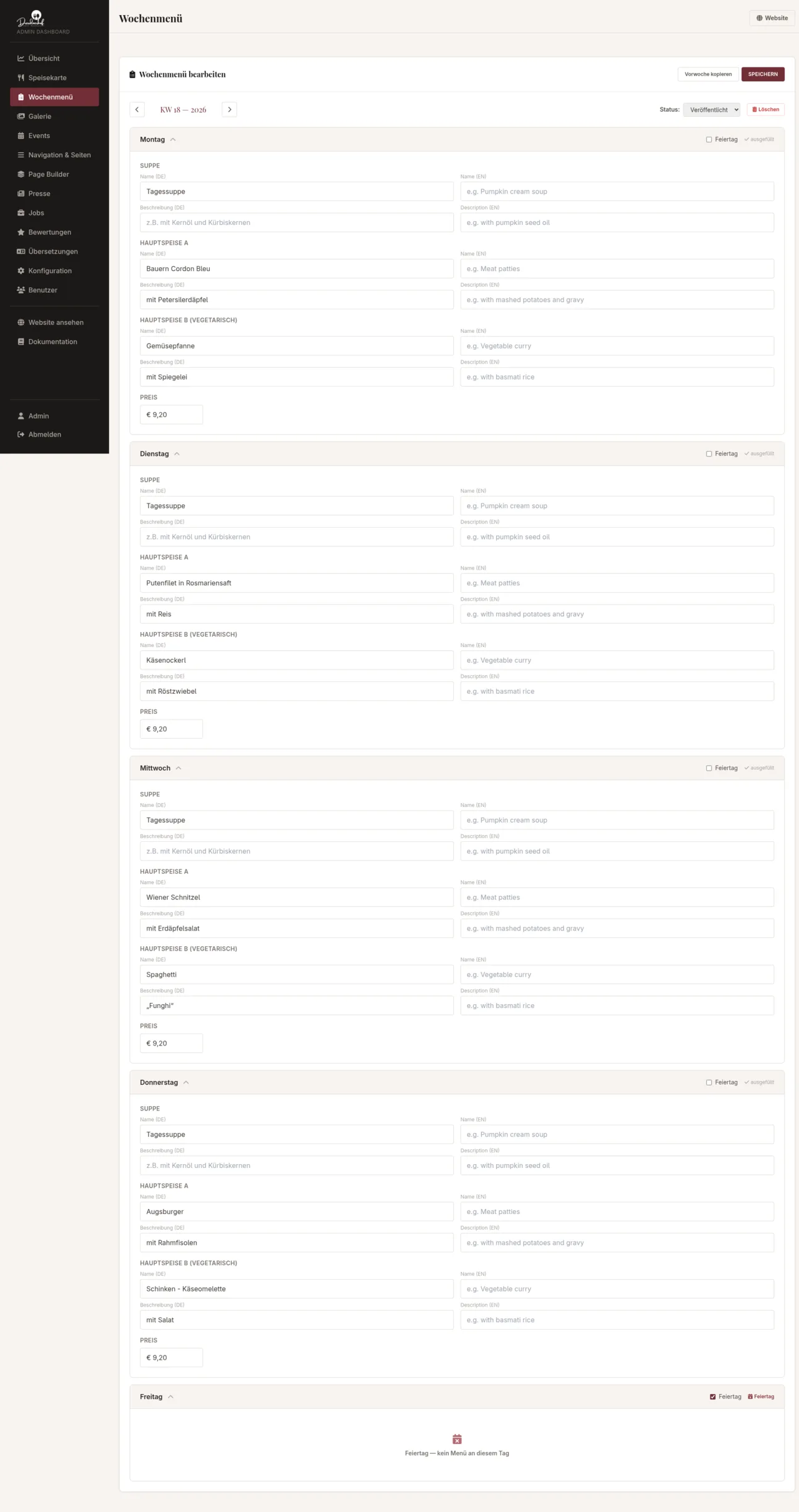 Admin weekly menu editor